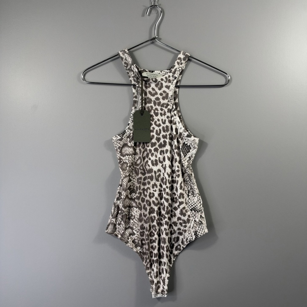 BNWT AllSaints Norma Noche Bodysuit Womens 2 White Leopard Snake Print